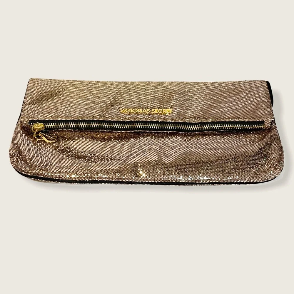 Victorias Secret Blingy‎ Shiny Gold Sequin Fold Down Makeup Bag